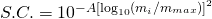 S.C. = 10^{-A \left[ \log_{10}({m_i}/{m_{max}}) \right]^2}